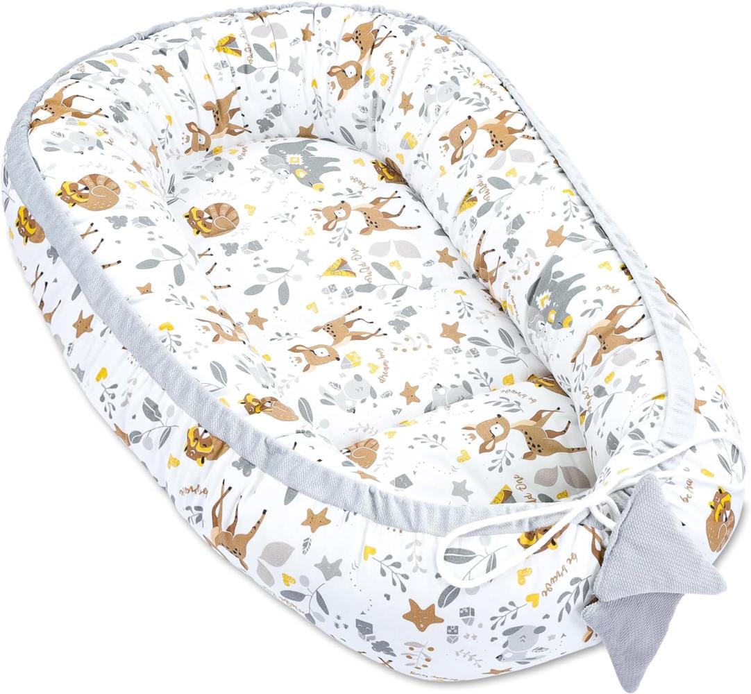 Babynest Kokon Neugeborene 90x50 cm - Handmade Velvet Kuschelnest Baby Nestchen aus Baumwolle Rehchen Grau Bild 1