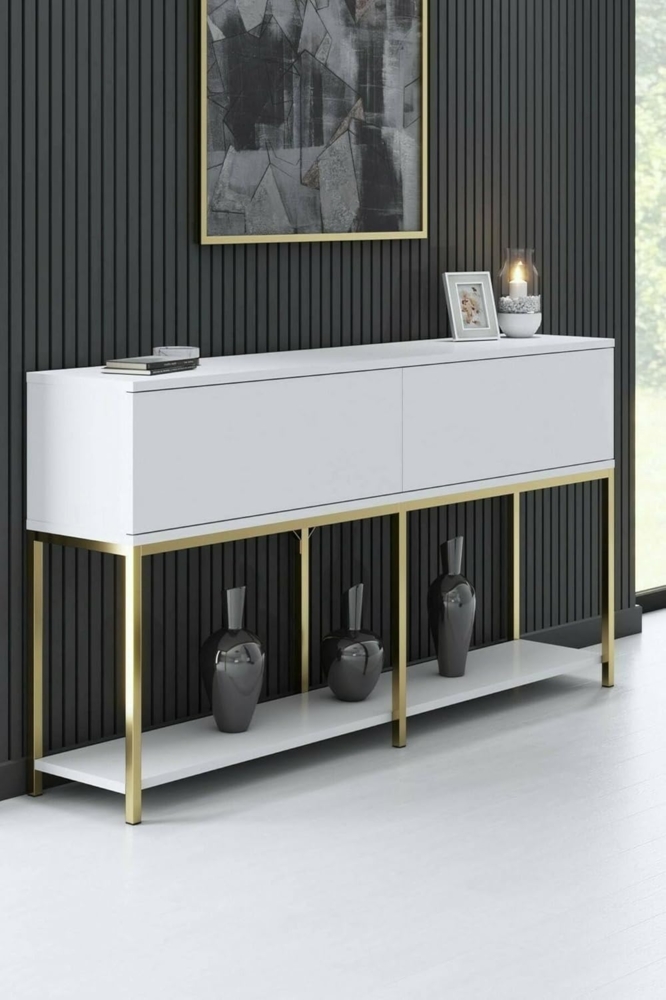 Dmora - Kommode Altair, Wohnzimmerbuffet, Wohnzimmer-Sideboard, Moderne Küchen-Speisekammer, 150x30h80 cm, Weiß und Gold Bild 1