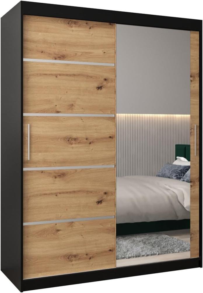 Schwebetürenschrank Verona 2-150 cm mit Spiegel Kleiderschrank mit Kleiderstange und Einlegeboden Schlafzimmer- Wohnzimmerschrank Schiebetüren Modern Design (Schwarz + Artisan Eiche) Bild 1