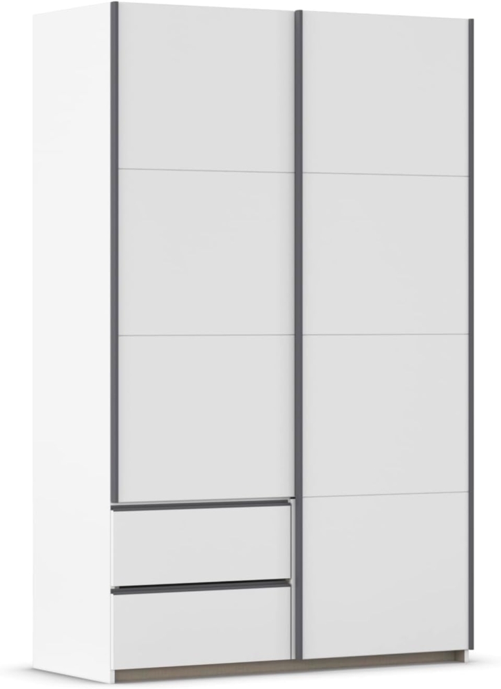 Rauch Möbel Stoke, Schwebetürenschrank, Kleiderschrank, Garderobe, 2-türig, 2 Schubladen, mit Zubehörpaket Premium, 4 Einlegeböden und Türdämpfer, Farbe Weiß, Griffleisten Grau metallic, 131 x 210 x 59 cm Bild 1