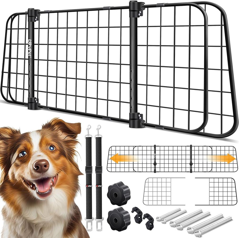 Lovpet® Hundegitter Auto, Autoschutzgitter Trenngitter Universal, verstellbare Breite, Kopfstütze Kofferraum Autogitter Maße 30 x 91-153 cm Kofferraumgitter,+ 2X Sicherheitsgurt für Hunde, Schwarz Bild 1