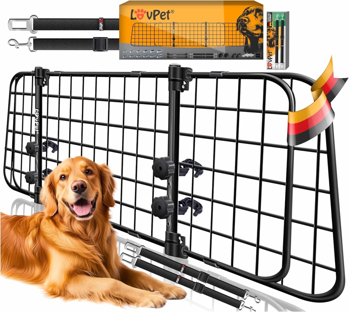 LovPet® Hundegitter Auto, Autoschutzgitter Trenngitter Universal, verstellbare Breite, Kopfstütze Kofferraum Autogitter Maße HxB 30 x 91-153 cm Kofferraumgitter,+ 2x Sicherheitsgurt für Hunde Schwarz Bild 1
