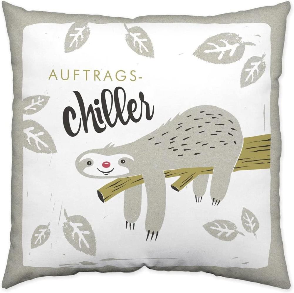 Happy Life 45174 Baumwoll-Kissen mit Spruch Auftrags-Chiller, Tier-Motiv, Faultier, Mehrfarbig, 40 cm x 40 cm Zierkissen, Hülle, Füllung 100% Polyester, Grau, 40 x 40 x 3 cm Bild 1