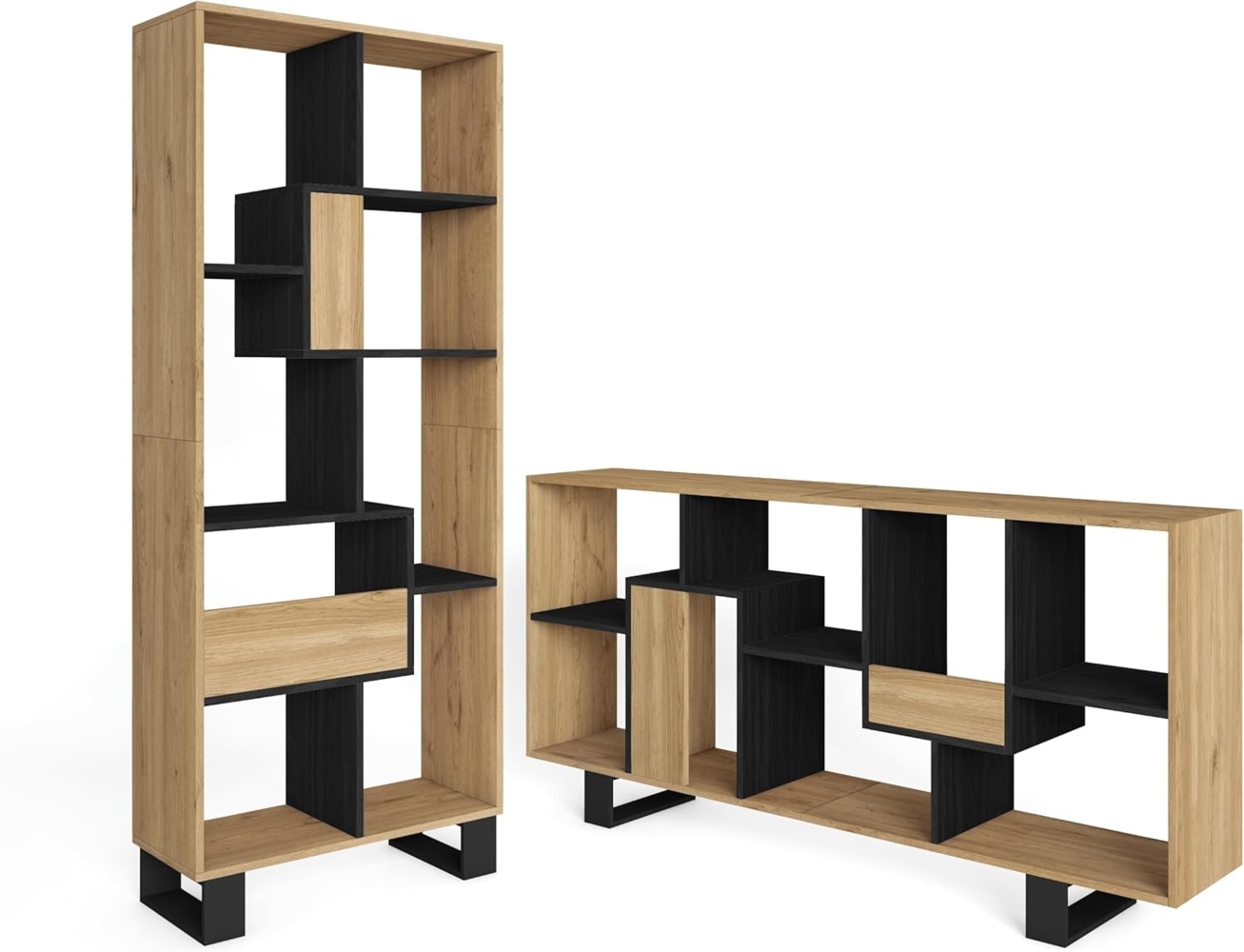 Skraut Home – Designregal – 168 x 69 x 25 cm – vertikal oder horizontal – Zick-Zack-Loft-Modell – einfache Montage – widerstandsfähig – dunkle Eiche und schwarzes Holz Bild 1