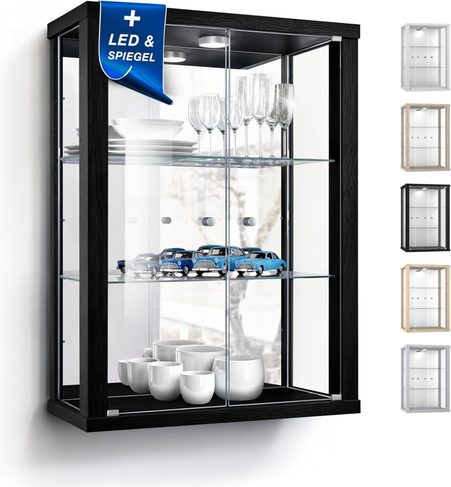 K-Möbel Wandvitrine (80x60x25cm) - Made in Germany - Glasvitrine hängend mit 2 höhenverstellbaren Glasböden aus ESG, Spiegel & LED in Schwarz - Schrank mit Glastüren - Hängevitrine Glas Bild 1