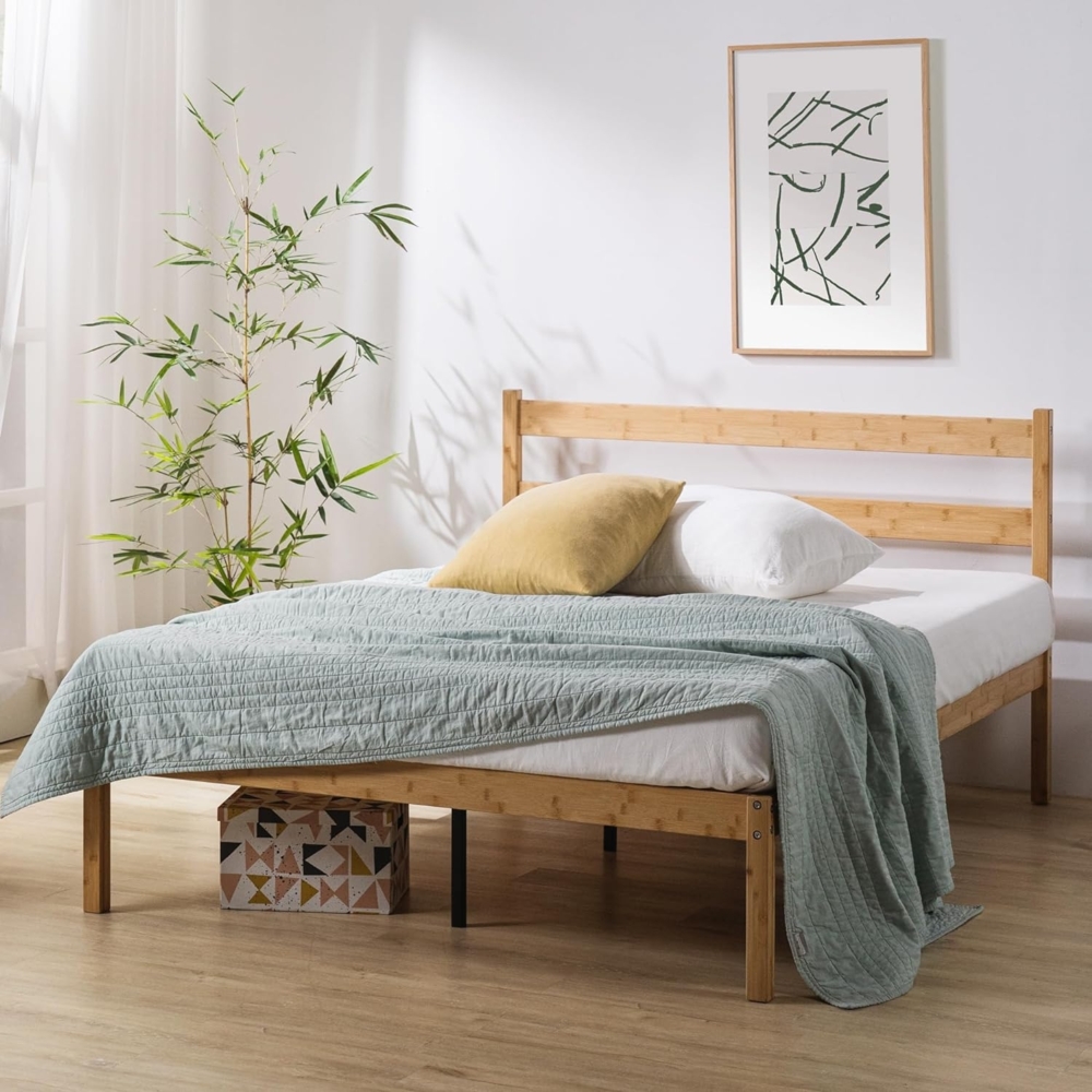 Zinus Ellie Bett 140x200 cm - Höhe 35 cm mit Stauraum unter dem Bett - Bambus und Holz Plattform Bettgestell mit Kopfteil - Braun Bild 1