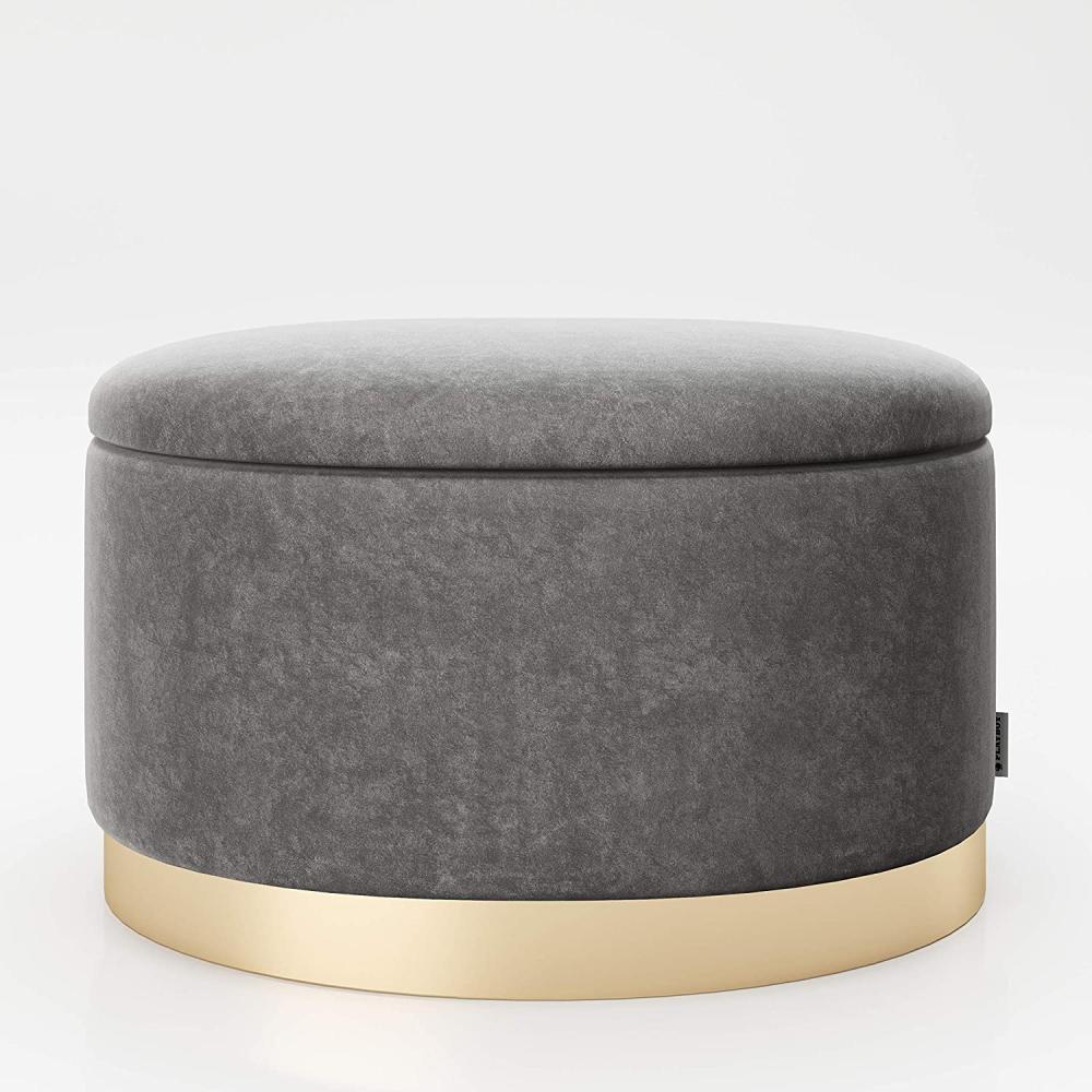 PLAYBOY - ovaler Pouf "ROSANNE" gepolsterter Sitzhocker mit Stauraum, Samtstoff in Grau, goldener Metallfuss, Retro-Design Bild 1