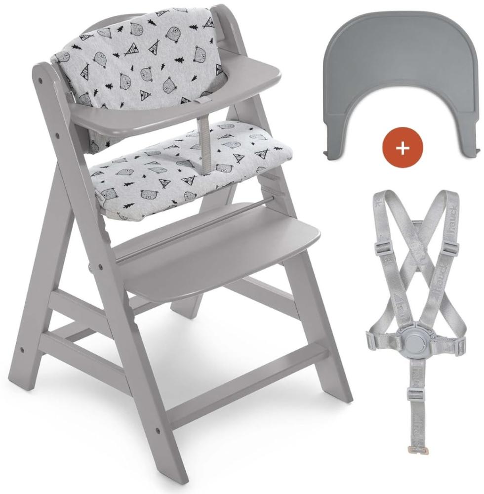 Hauck Kinder Hochstuhl Alpha Plus mit Tablett Click Tray und Sitzpolster - Mitwachsender Babystuhl aus Holz, Kinderhochstuhl ab 6 Monate, verstellbar - Grau Nordic Grey Bild 1