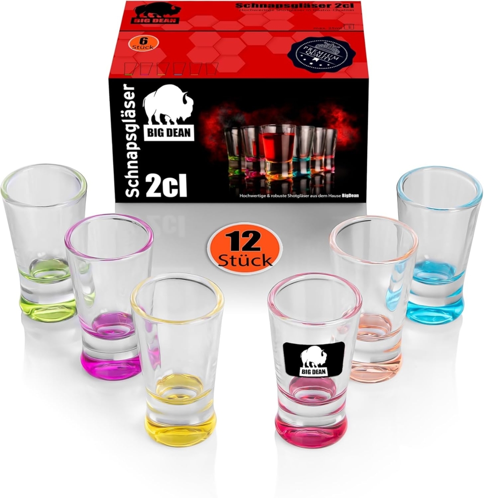 BigDean 12 Stück farbige Schnapsgläser 2cl in Geschenkbox – robuste Shotgläser spülmaschinenfest - in Gastro Qualität Bild 1