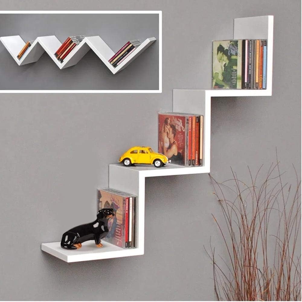 BAKAJI Bücherregal Wandregal Modernes Design Zig Zag Regal aus Melaminholz Größe 70 x 15 x 14 cm (weiß) Bild 1