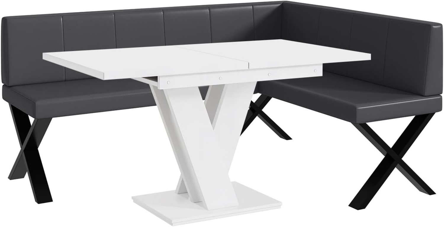MEBLINI Eckbank für Esszimmer mit ausziehbarem Tisch - Küchenbank - Essecke - Sitzecke Küche - PETER - X-Beine 128x168x87cm Rechts - Grau Kunstleder/M Weiß Matt Bild 1
