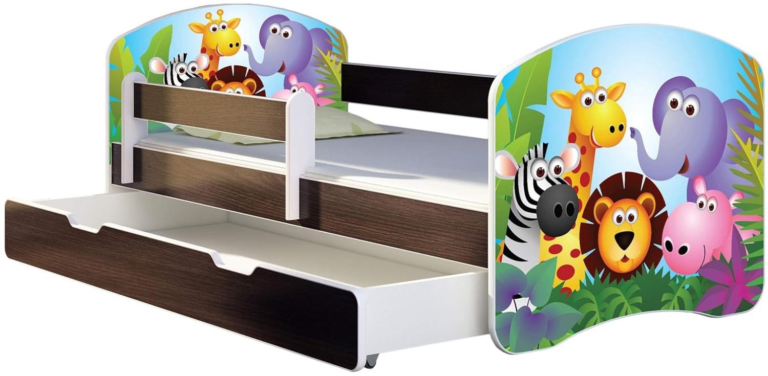 ACMA Kinderbett Jugendbett mit Einer Schublade und Matratze Wenge mit Rausfallschutz Lattenrost II 140x70 160x80 180x80 (01 Zoo, 180x80 + Bettkasten) Bild 1