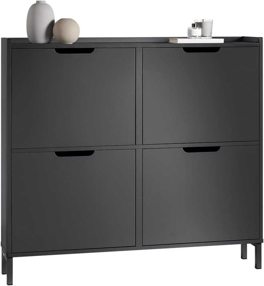 SoBuy FSR100-SCH Schuhkipper mit 4 Klappen Schuhregal mit 8 Ablageflächen Schuhschrank schmal Schuhkommode Schuhablage Schwarz BHT ca. 100 x 90 x 19 cm Bild 1