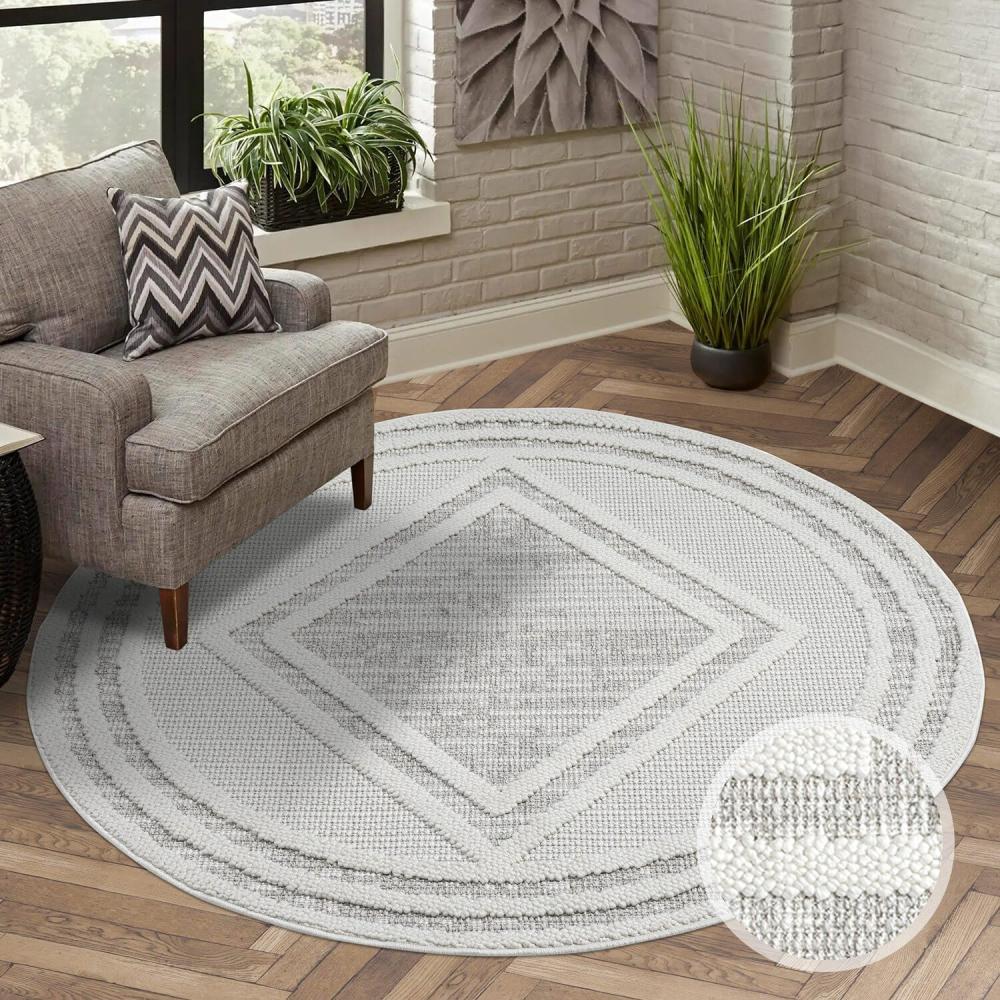 carpet city Teppich Kurzflor Wohnzimmer - Grau, Beige - 120x120 cm Rund - Teppiche Boho-Style - Raute-Optik - Schlafzimmer, Esszimmer Bild 1