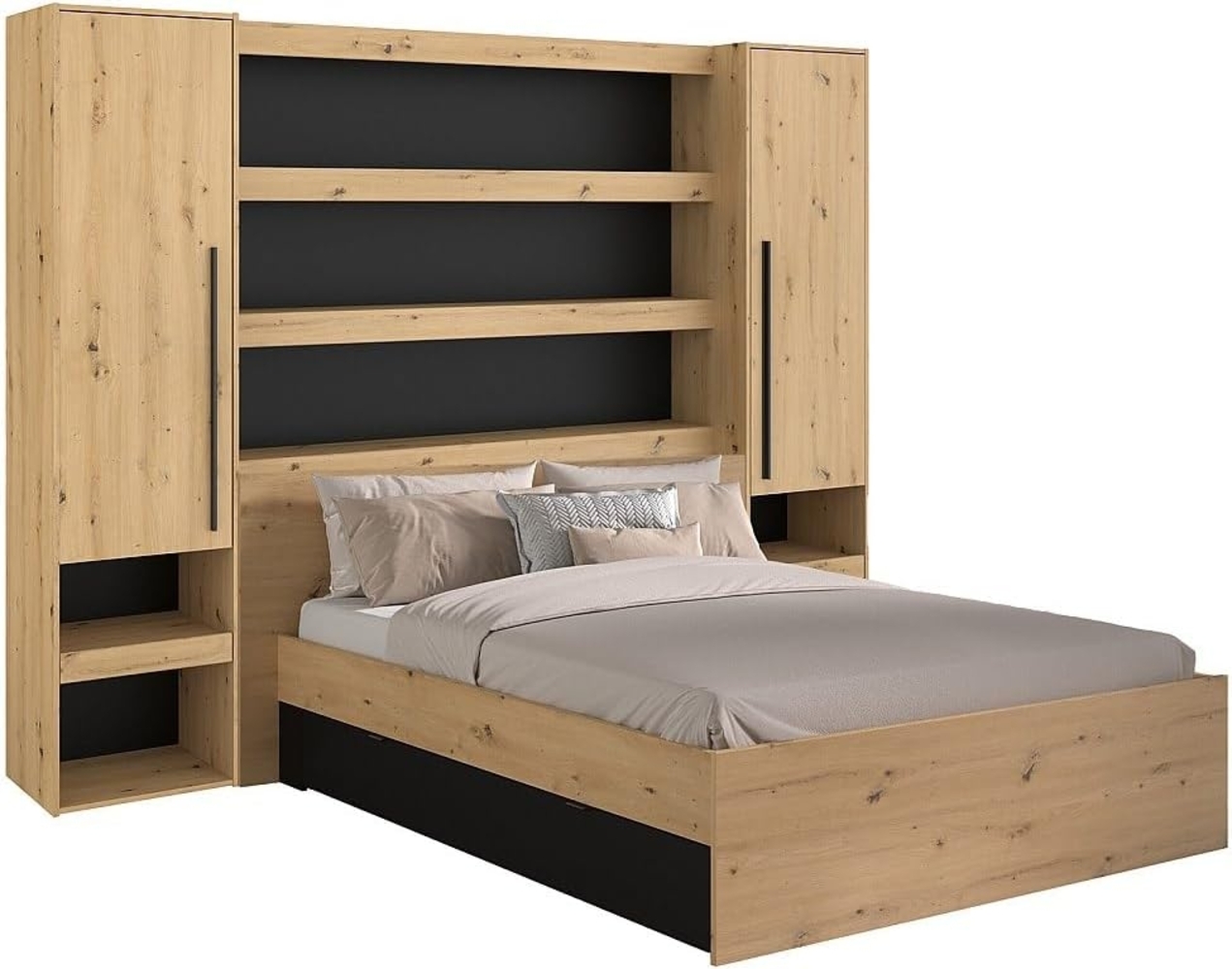 Vente-unique - Bett mit Stauraum & LEDs - 140 x 190/200 cm - Holzfarben & Schwarz - VARLY Bild 1