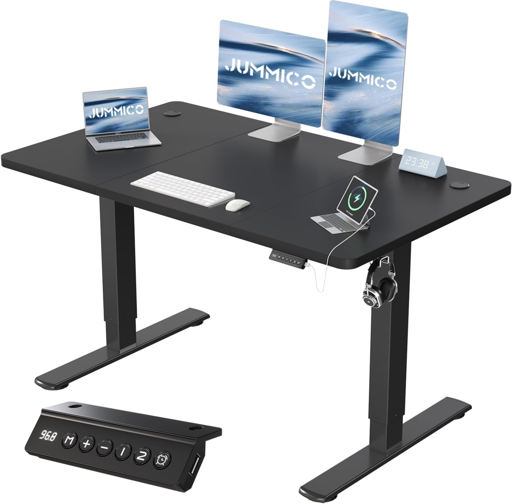 JUMMICO Höhenverstellbarer Schreibtisch 120x60 cm mit USB-Buchse und Kabelwanne, Schreibtisch Höhenverstellbar Ergonomischer Steh-Sitztisch Stehpult mit Rollen (Schwarz) Bild 1