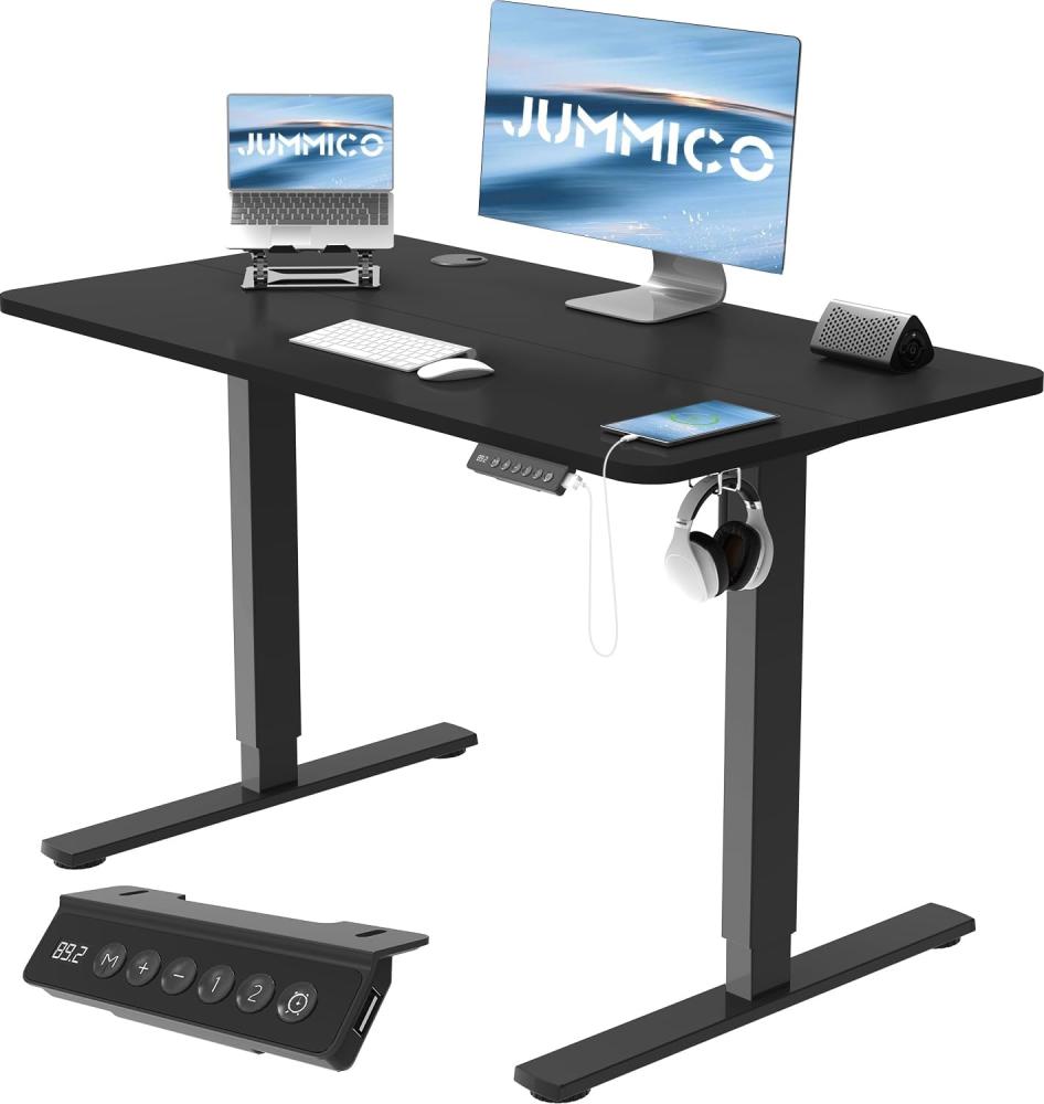 JUMMICO Höhenverstellbarer Schreibtisch 120x60 cm mit USB-Buchse und Kabelwanne, Schreibtisch Höhenverstellbar Ergonomischer Steh-Sitztisch Stehpult mit Rollen (Schwarz) Bild 1