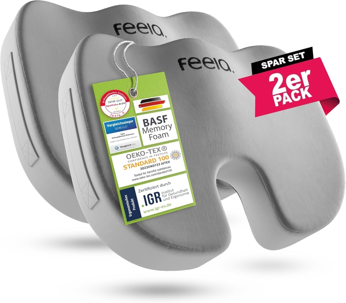 feela.® Orthopädisches Sitzkissen [3 Härtegrade] - Ergonomisches Sitzkissen für Bürostuhl & Co - Wirkt Schmerzreduzierend, Erhöht Sitzkomfort, und Entlastet das Steißbein (2er Set, Medium) Bild 1