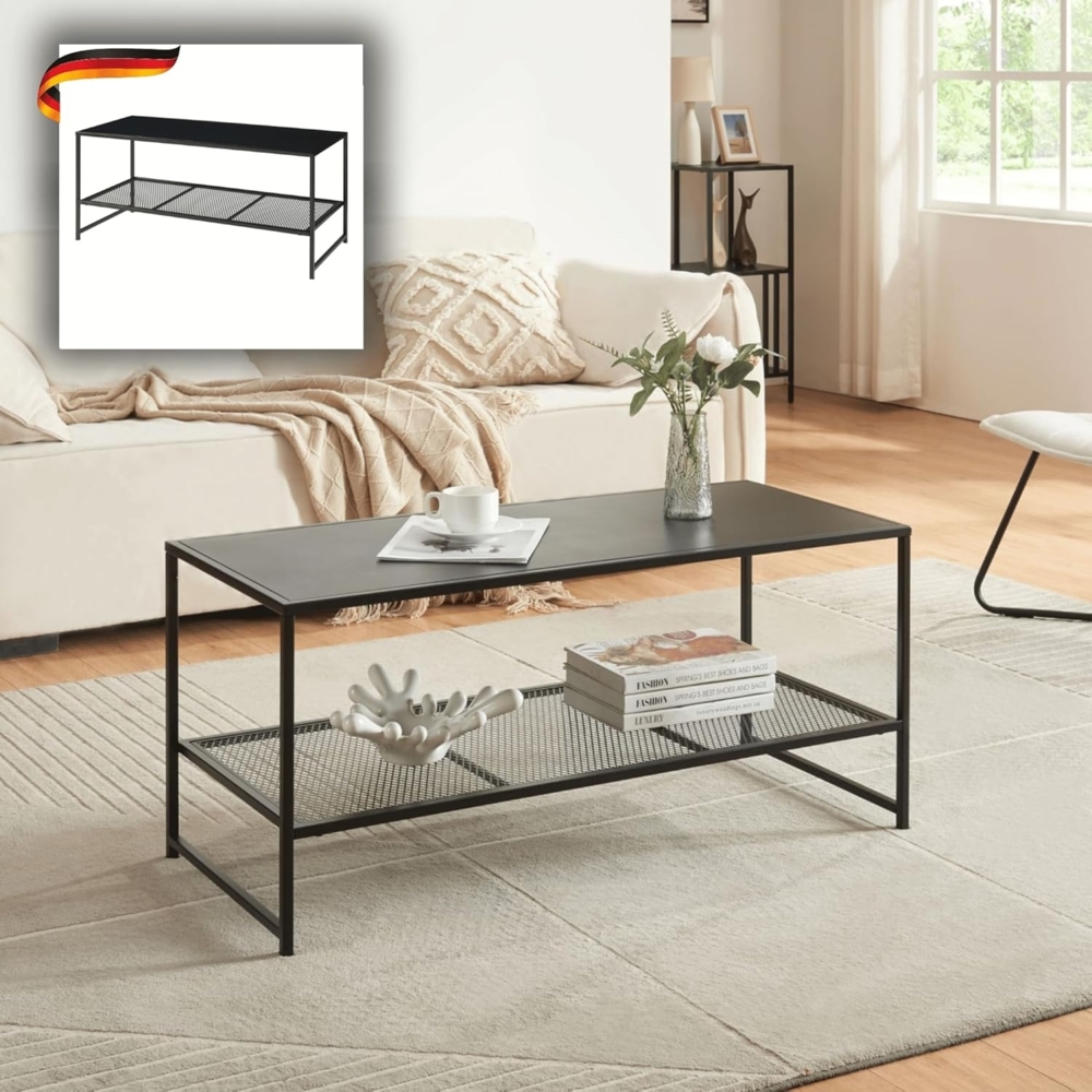 DELUKE® Couchtisch mit Stauraum MIAMI - mit Gitterablage Sofatisch rechteckig Stubentisch Wohnzimmertisch Kaffeetisch Beistelltisch Tisch für Couch Schwarz Bild 1