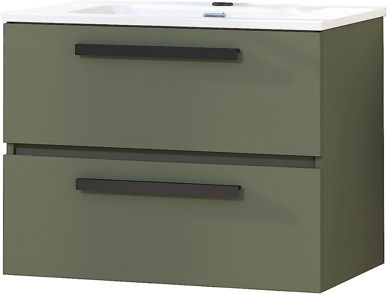 Baikal SAVA Badezimmerschrank mit 2 Schubladen, Wandmontage, inkl. Keramikwaschbecken, Schrank mit Griff in Mattschwarz, Boden 46 cm, montiertes Möbelstück. Bild 1