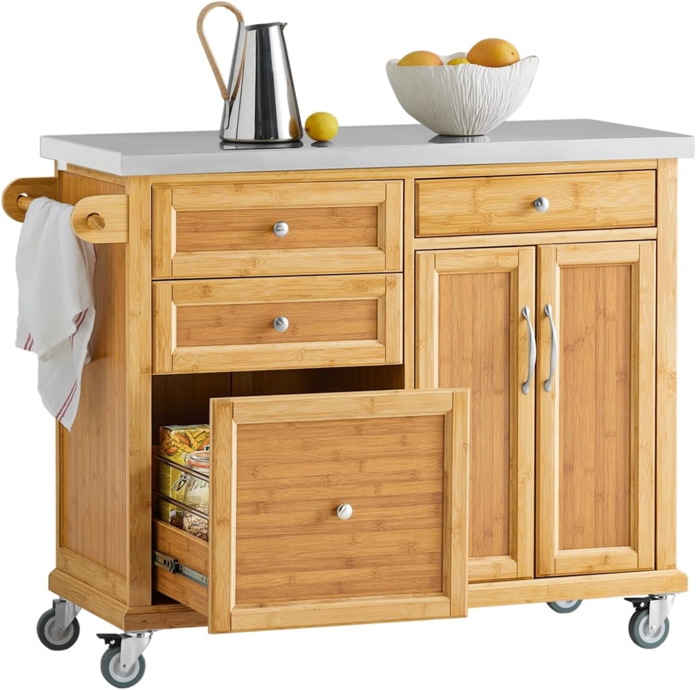 SoBuy FKW70-N Küchenwagen Kücheninsel Küchenschrank aus hochwertigem Bambus mit Edelstahlarbeitsplatte BHT ca. : 115 x 92 x 46 cm Bild 1