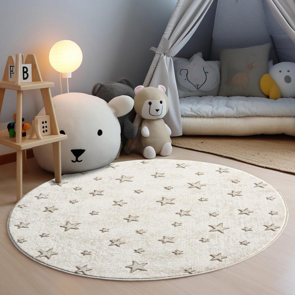 carpet city Kinderteppich Creme, Beige - 120x120 cm Rund - Sterne Muster - Kurzflor Teppiche Kinderzimmer, Spielzimmer Bild 1