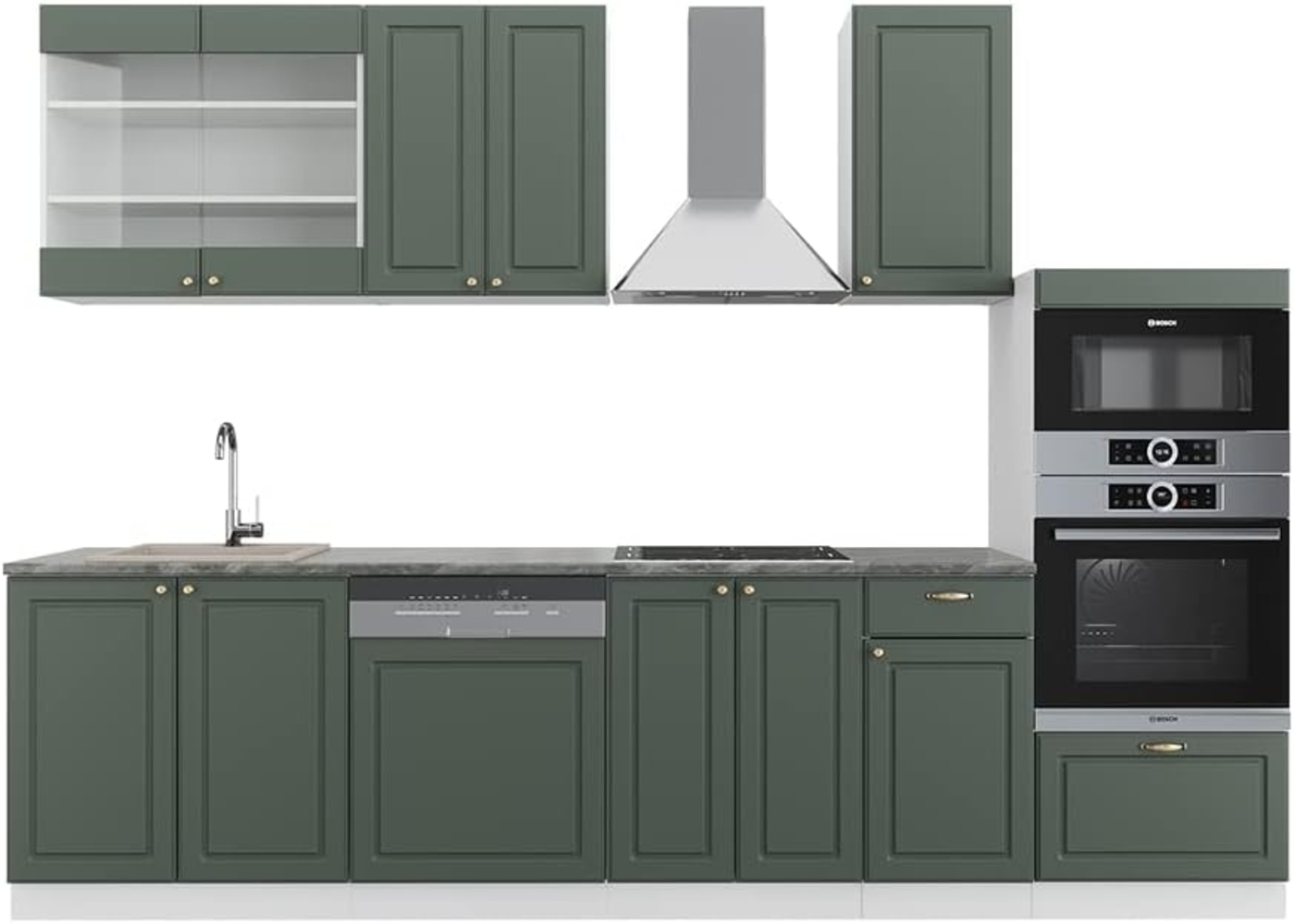 Küchenzeile Fame-Line Grün-Gold Landhaus/Weiß 300 cm mit Hochschrank, ohne Arbeitsplatte Vicco Bild 1