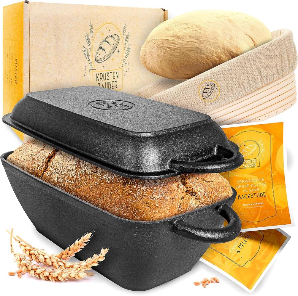 Krustenzauber Brotbackform 30cm Gusseisen Bräter mit Deckel backofengeeignet inkl. Gärkorb, (eckiger Topf Brot Backen - Ideal als Ofenform), Induktion, Brotbacktopf, Zubehör Bild 1