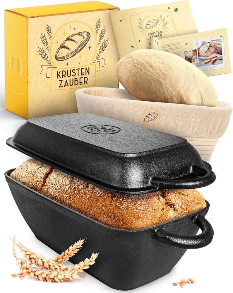 Krustenzauber Brotbackform 30cm Gusseisen Bräter mit Deckel backofengeeignet inkl. Gärkorb, (eckiger Topf Brot Backen - Ideal als Ofenform), Induktion, Brotbacktopf, Zubehör Bild 1