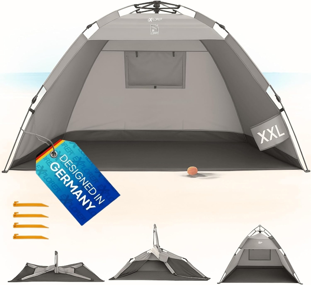 EXPLORER XXL Automatik Strandmuschel mit UV Schutz 80+ [220 x 150 x 130 cm] kleines Packmaß leicht und schnell in Sekunden aufgebautes Strandzelt Sonnenschutz Muschel automatisch Windschutz grau-Sand Bild 1