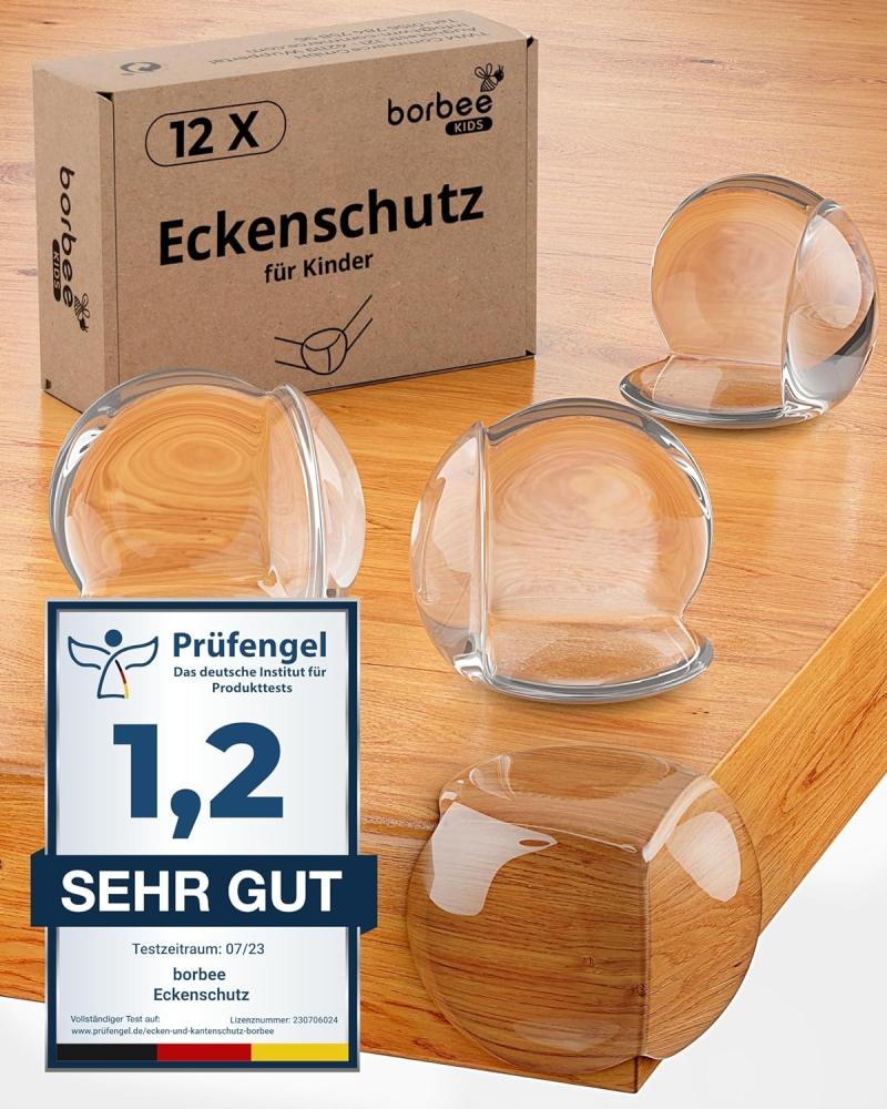 borbee Eckenschutz und Kantenschutz Baby zur Kindersicherung (12 Stück) - Extra starker Halt, transparent & mit einfacher Anwendung für alle Möbel - Bietet maximale Sicherheit für Baby und Kinder Bild 1