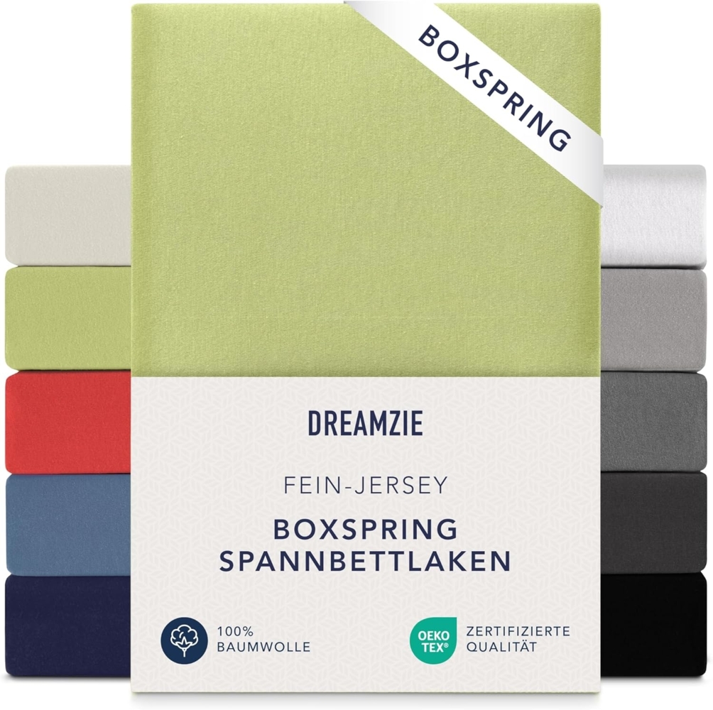 Dreamzie Premium Spannbettlaken 180x200 cm - 200x200 cm - 37cm Seitenhöhe - auch für Boxspringbett & Wasserbett - Bettlaken Boxspringbett 100% Jersey Baumwolle, 150 g/m² - Oeko-TEX - Grün Bild 1