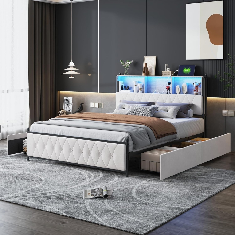 PXloue Polsterbett Doppelbett Stauraumbett mit bettkasten (Hydraulisch anhebbarer Stauraum), mit Lattenrost und 3 Schubladen, LED-Beleuchtung, 160x200 cm Bild 1