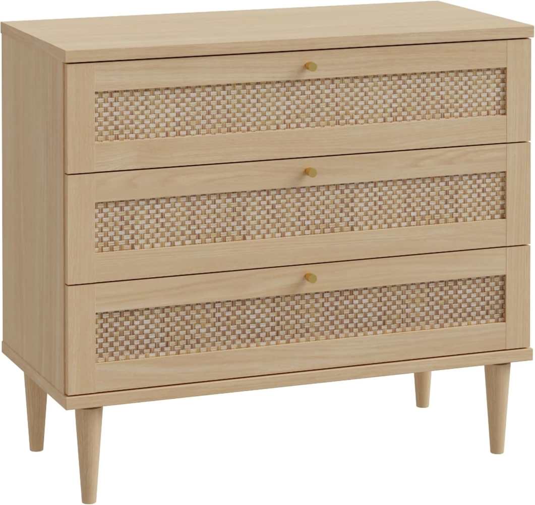 FORTE Calasetta Kommode 90 cm Boho Stil Wiener Geflecht Sideboard mit 3 Schubladen Holz Dekor: Elegancia Eiche/Technorattan, 90 cm breit x 80 cm hoch x 41 cm tief Bild 1