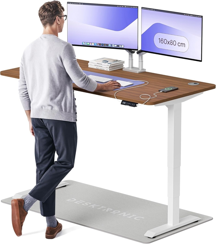 Höhenverstellbarer Schreibtisch - Höhenverstellbar Elektrisch mit Flüsterleisem Dual-Motor & Touchscreen - Hohe Tragfähigkeit - Stehtisch von Desktronic, Weiß + Nussbaum, 160x80 cm Bild 1