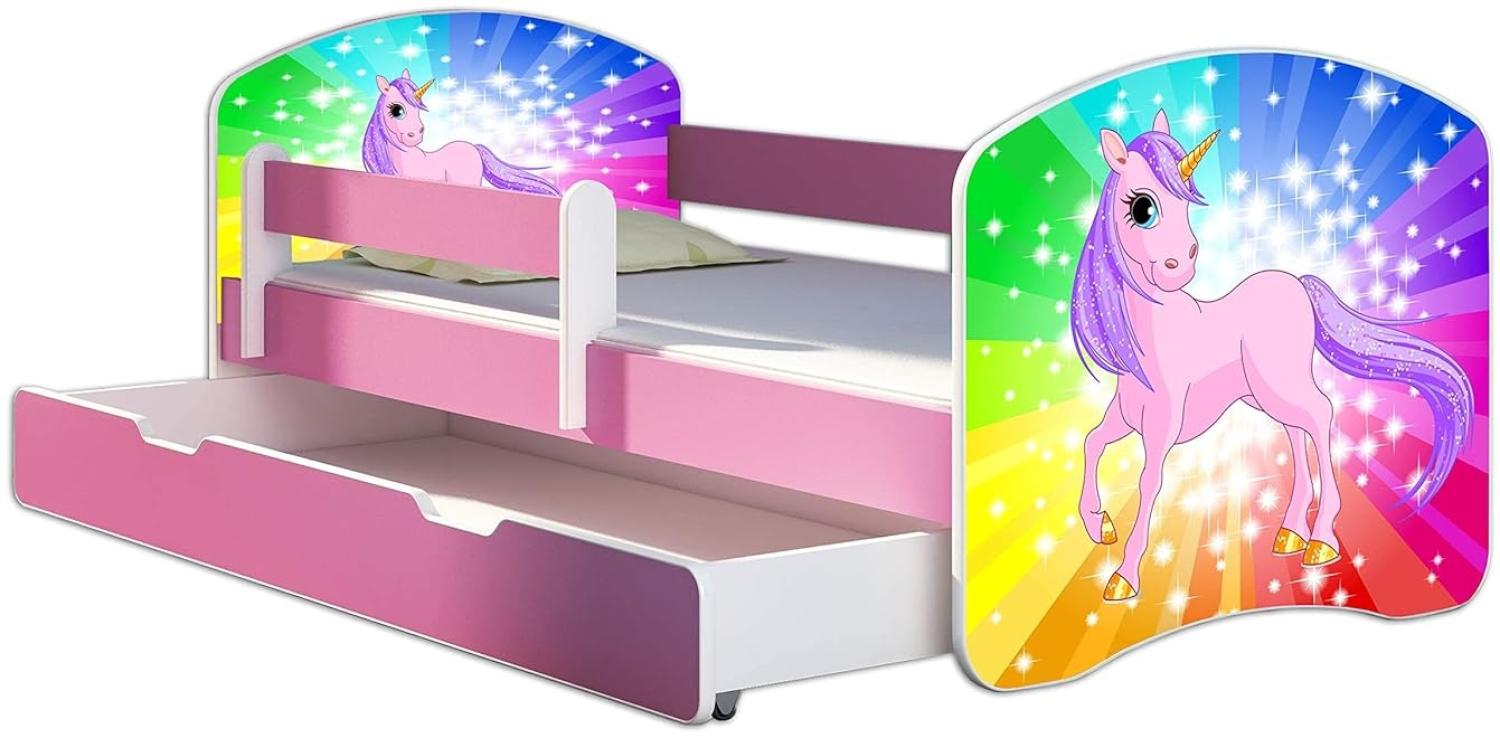 Kinderbett Jugendbett mit einer Schublade und Matratze Rausfallschutz Rosa 70 x 140 80 x 160 80 x 180 ACMA II (18 Pony Regenbogen, 80 x 180 cm mit Bettkasten) Bild 1