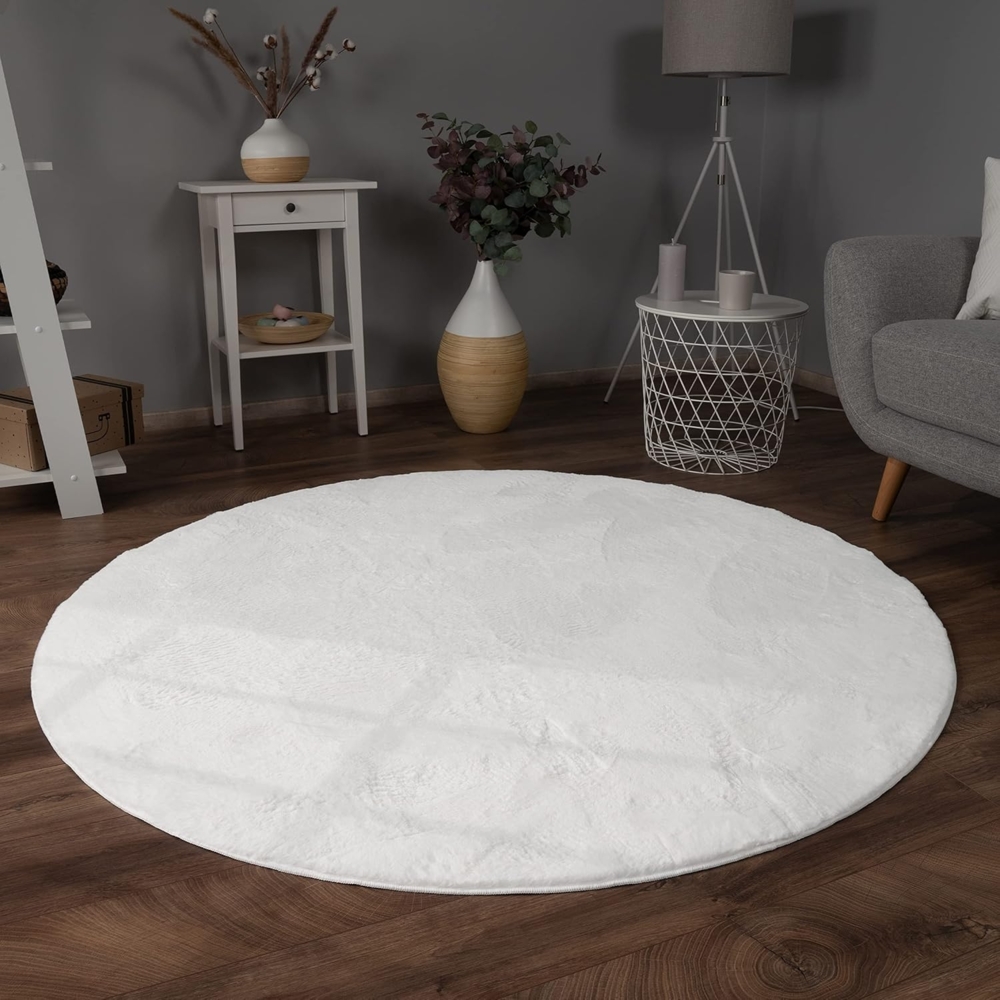 Paco Home Teppich Wohnzimmer Kunstfell weich waschbar modern elegant pflegeleicht Felloptik Uni Seidenglanz flauschig Kurzflor, Grösse:160 cm Rund, Farbe:Weiß Bild 1