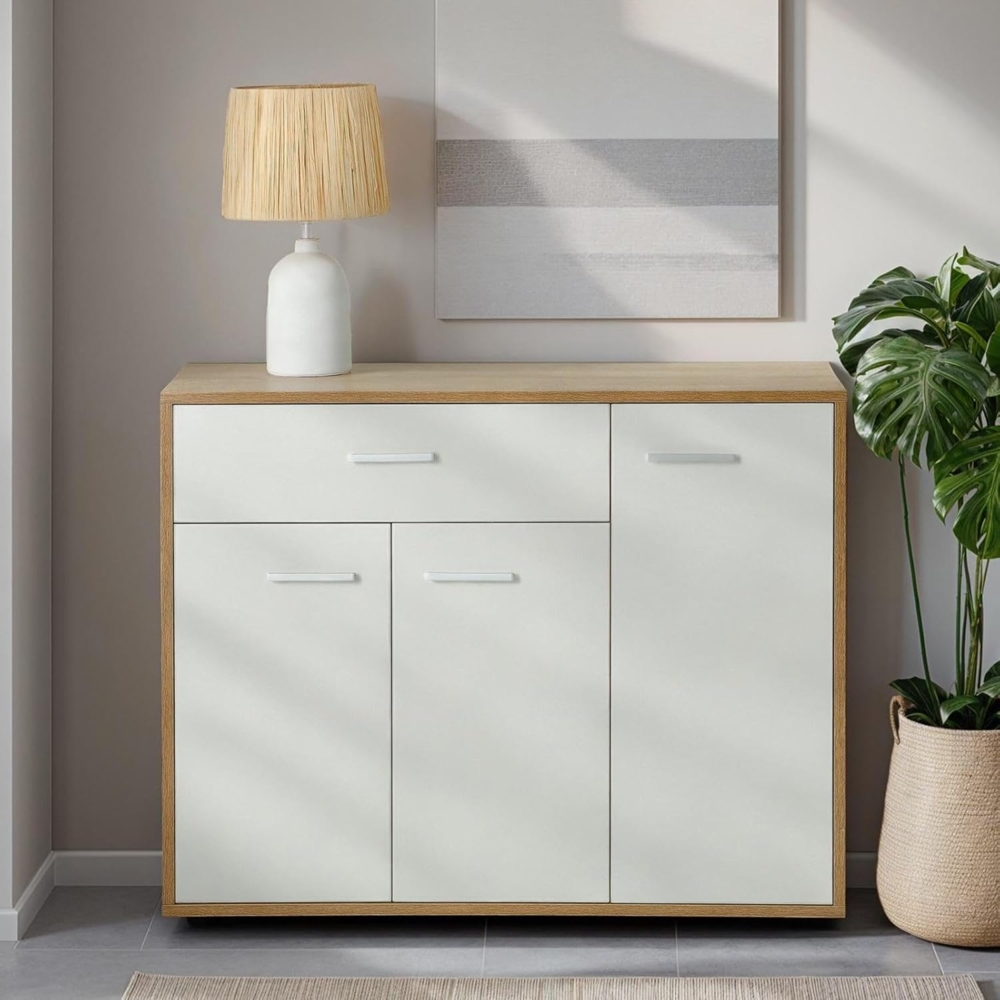 CARO-Möbel Kommode Estelle Sideboard Mehrzweckschrank, Sonoma Eiche/weiß mit 3 Türen und 1 Schublade, 88 cm breit Bild 1