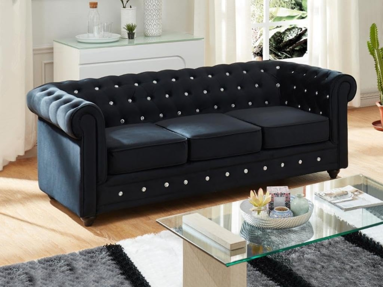 3-Sitzer-Sofa CHESTERFIELD - Samt - Schwarz mit Knöpfen in Kristalloptik Bild 1