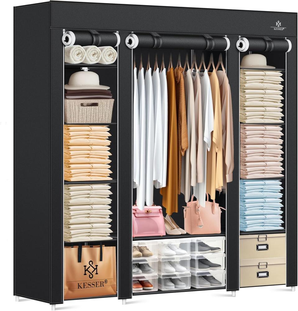 KESSER® Kleiderschrank Stoffschrank Stabil mit Kleiderstange & Ablagen, Inkl. 5x Kleiderbügel, Stoff Faltschrank für Schlafzimmer, Ankleidezimmer Garderobe mit Kleiderständer 150x45x175cm Schwarz Bild 1