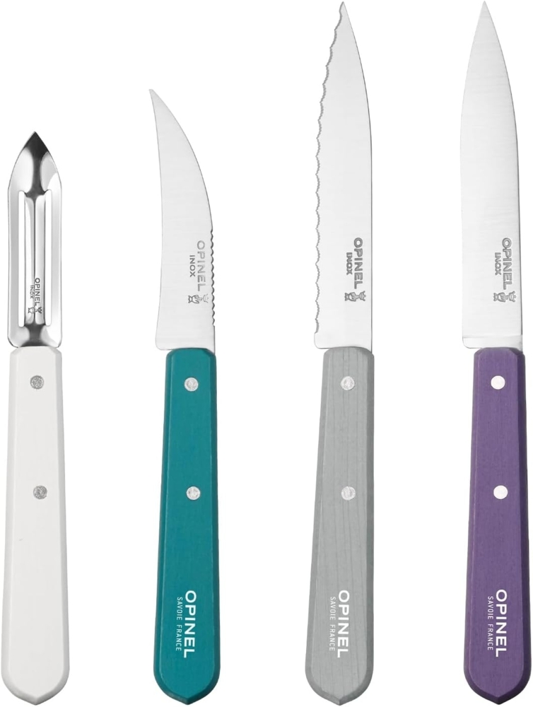 Opinel Küchenmesser-Set, Essentials, 4-teilig Messer, Edelstahl, Violett-Silber-Türkis-Weiß, 19. 5 x 2 x 1 cm, 4-Einheiten Bild 1