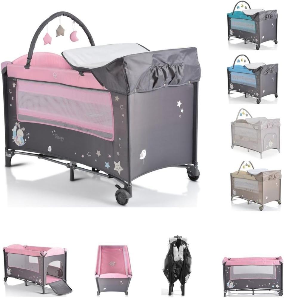 Moni Reisebett Sleepy Rollen, Wickelauflage, Matratze, Spielbogen, Seiteneingang grau pink Bild 1