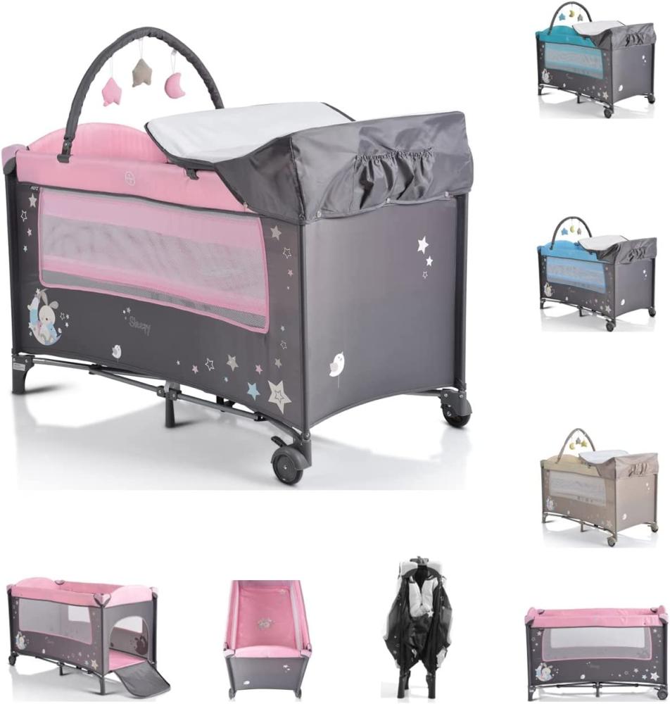 Moni Reisebett Sleepy Rollen, Wickelauflage, Matratze, Spielbogen, Seiteneingang grau pink Bild 1