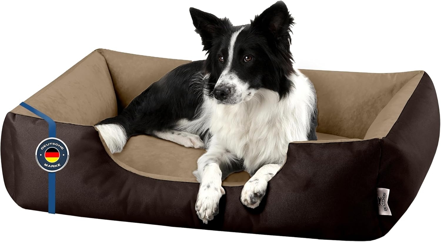 BedDog Hundebett LUPI, Hundesofa aus Cordura, Microfaser-Velours, waschbares Hundebett mit Rand, Hundekissen vier-eckig (XL) ca. 100x85x23cm, MELANGE (braun/beige) Bild 1