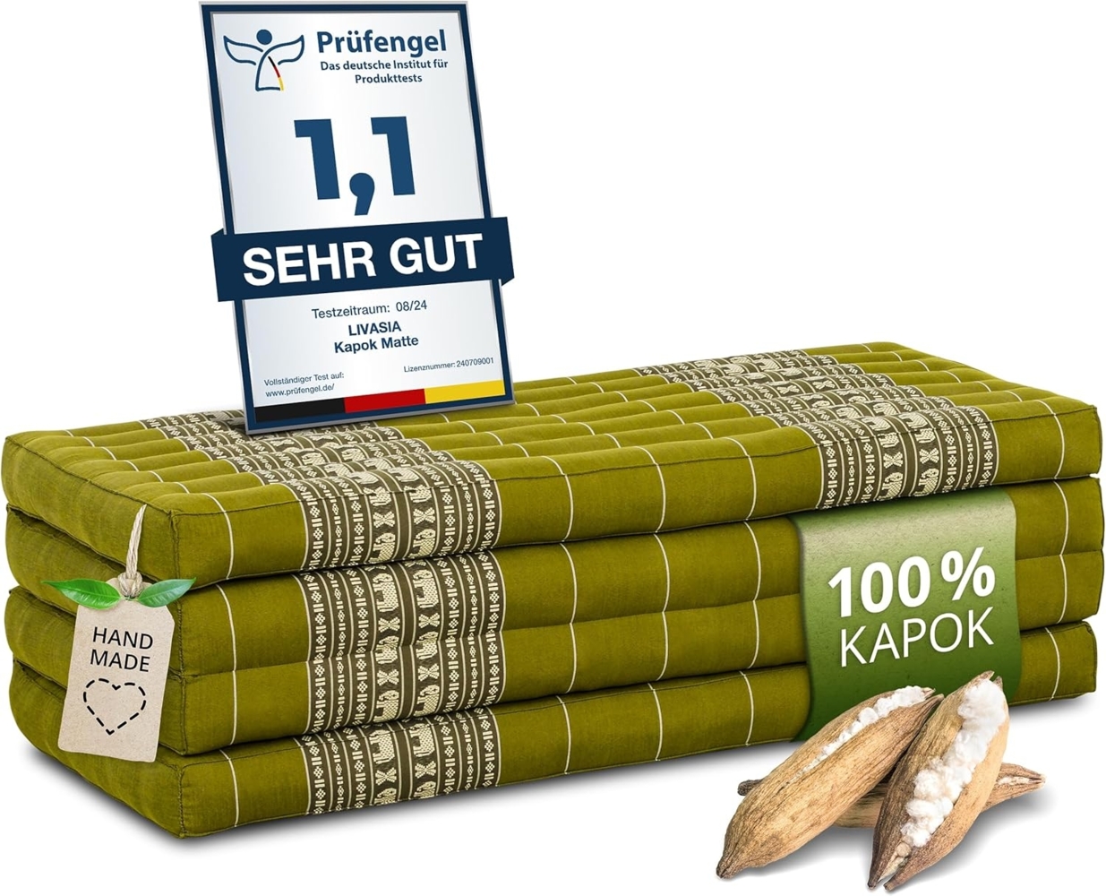 Nachhaltige Klappmatratze aus Kapok, breite Gästematratze vierteilig, Faltbare Matratze, ökologische Yogamatte, klappbares Gästebett, Liege für Garten und Balkon 200 x 110 x 8 cm (Grün/Elefanten) Bild 1