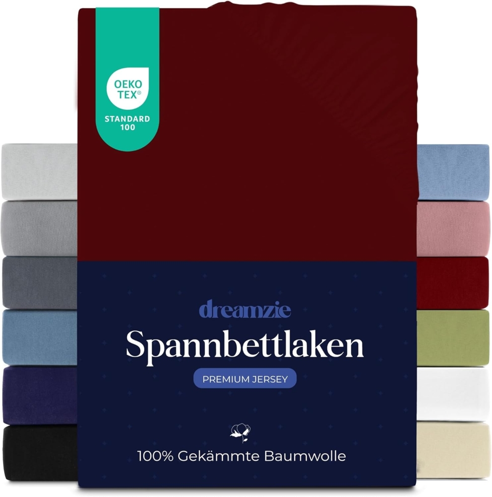 Dreamzie Premium Spannbettlaken 100x200 cm, Bettlaken 100% Jersey Baumwolle, Spannbetttuch für Dicke Matratzen bis zu 22 cm, 150 g/m², Oeko-TEX Zertifiziert - Burgunderrot Bild 1