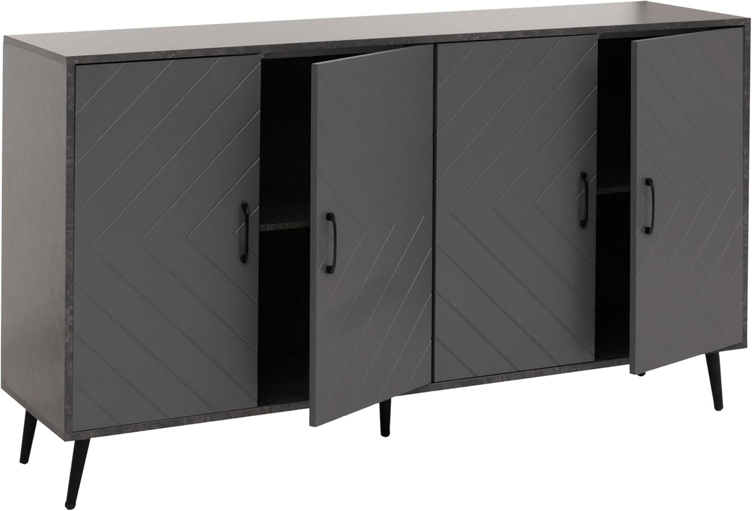 Sideboard HWC-N89, Kommode Schrank Highboard Anrichte, Fischgrätenmuster Melamin Holz, 88x150x40cm ~ Marmor-Optik grau Bild 1