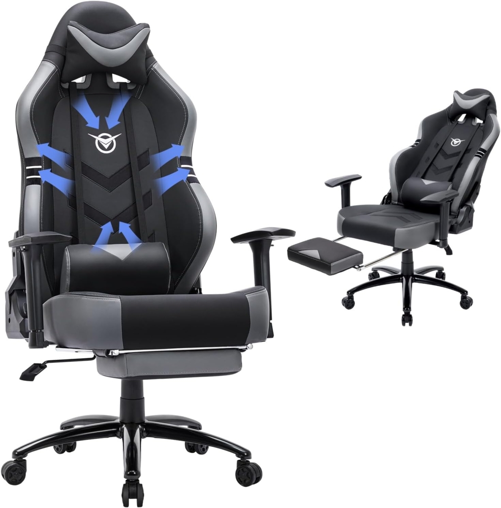 COLAMY Gaming Stuhl mit Fußstütze 350lbs-Computer Gamer PC Stuhl, Ergonomisch Hohe Rückenlehne mit Breitem Sitz, Verstellbare Rückenlehne, 3D Armlehnen, Kopfstütze und Lordosenstütze, Grau Bild 1