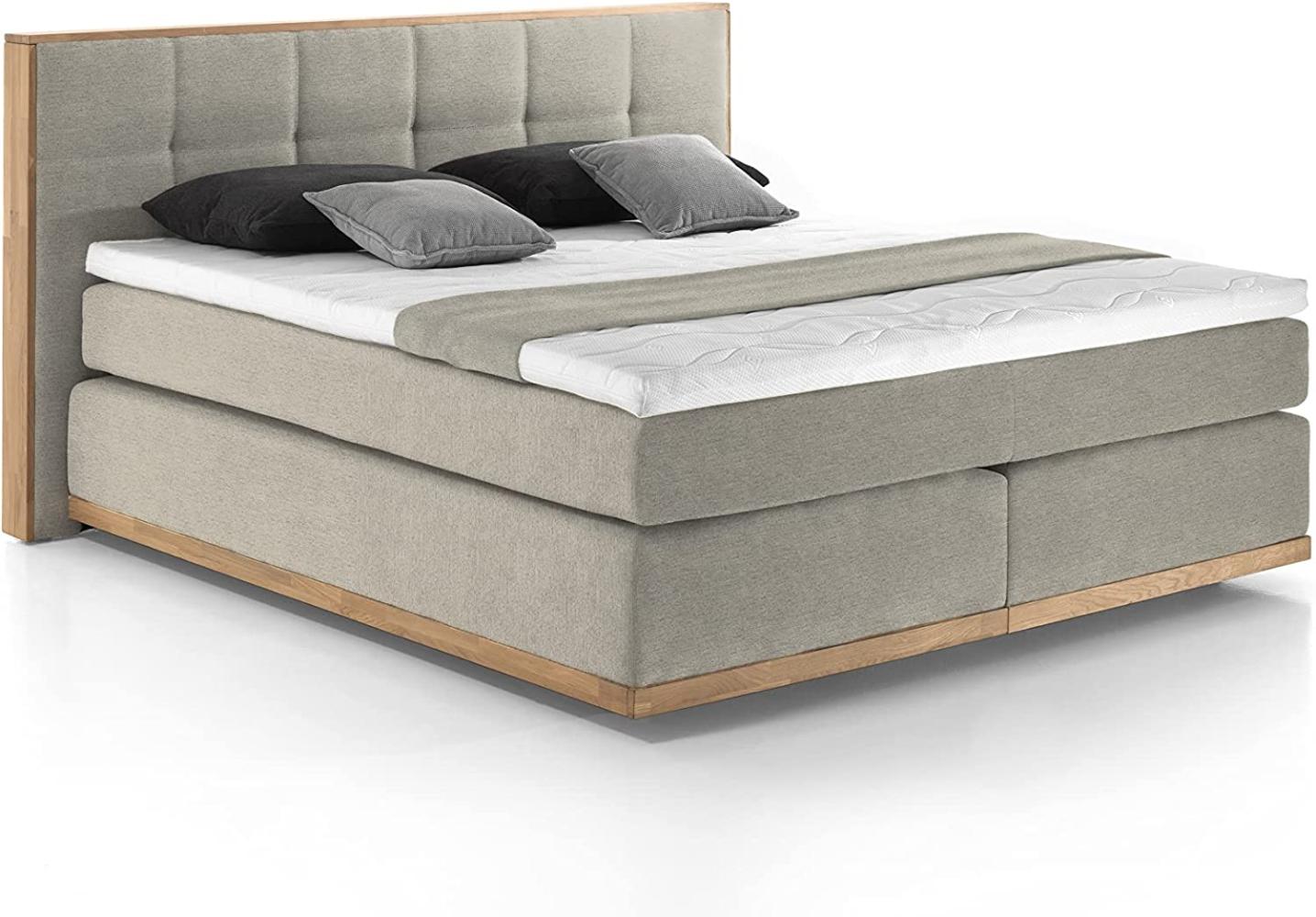 Mivano Levana Boxspringbett mit Sockel aus Eiche, 7-Zonen-Federkern, Matratzen H4 + Topper Premium, Chenille, Beige, Liegefläche 180 x 200 cm Bild 1