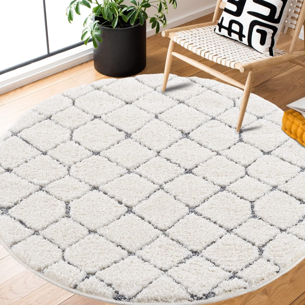 Teppich Rund - Hochflor - Boho - Pastell Creme Grau - 120x120cm - Modern Raute Meliert Muster - Skandinavisch Flauschig Weich - Wohnteppich Schlafzimmer Dekoration Bild 1